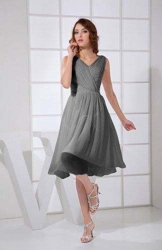 Grey Plain A-line V-neck Sleeveless Knee Length Prom Dresses - UWDress.com