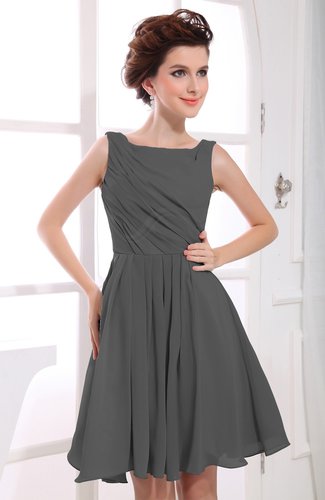 Grey Casual A-line Sabrina Zipper Chiffon Ruching Party Dresses
