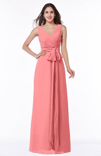 Modest A-line V-neck Sleeveless Floor Length Ribbon Plus Size Bridesmaid Dresses