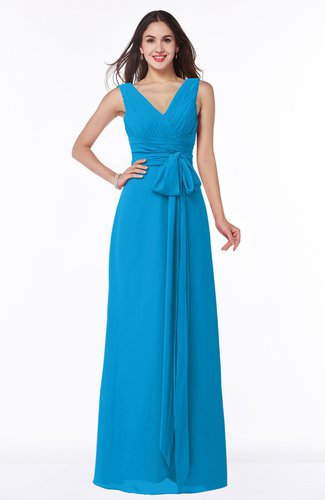 Modest A-line V-neck Sleeveless Floor Length Ribbon Plus Size Bridesmaid Dresses