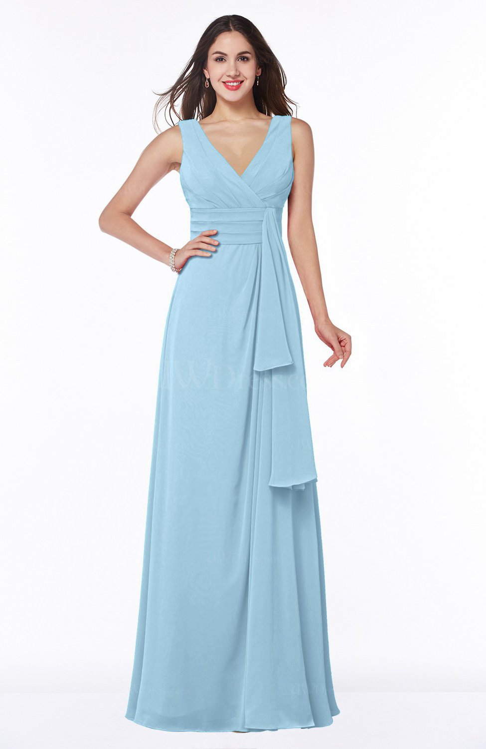 Ice Blue Vintage Sleeveless Zipper Floor Length Sash Plus Size ...