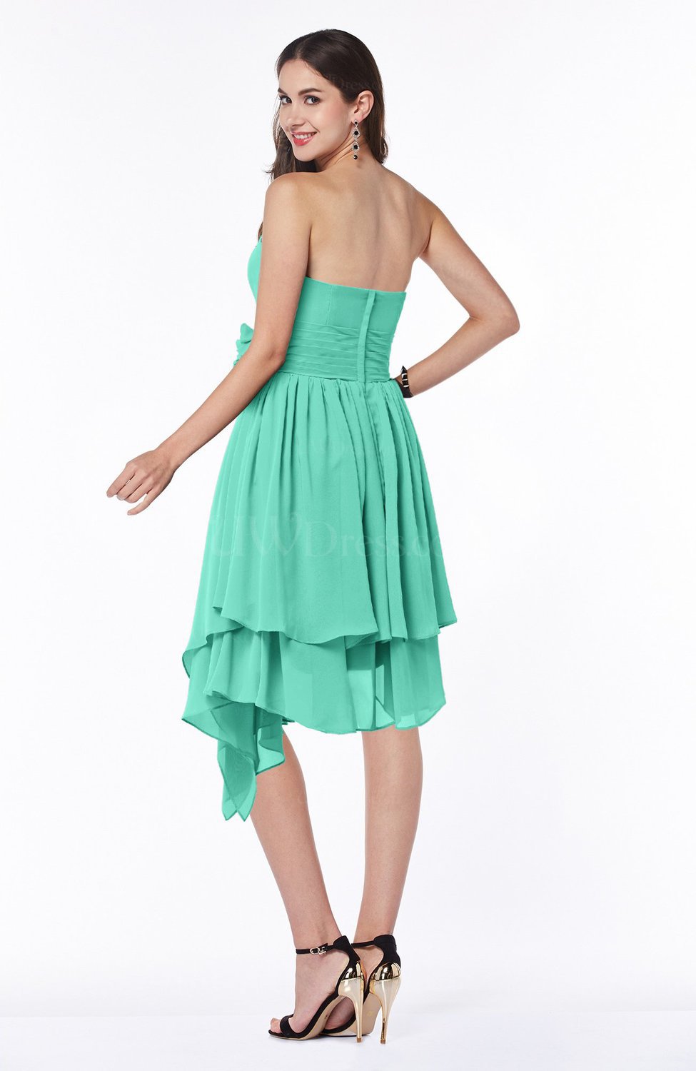 Seafoam Green Casual Sleeveless Half Backless Chiffon Asymmetric Ribbon Plus Size Bridesmaid 