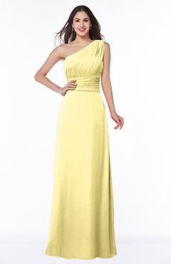 Pastel Yellow Elegant A-line Asymmetric Neckline Sleeveless Floor Length Sash Plus Size Bridesmaid Dresses
