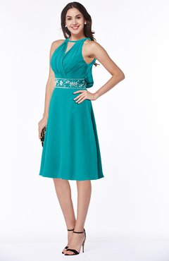 Teal Mature A-line Halter Lace up Chiffon Rhinestone Plus Size Bridesmaid Dresses