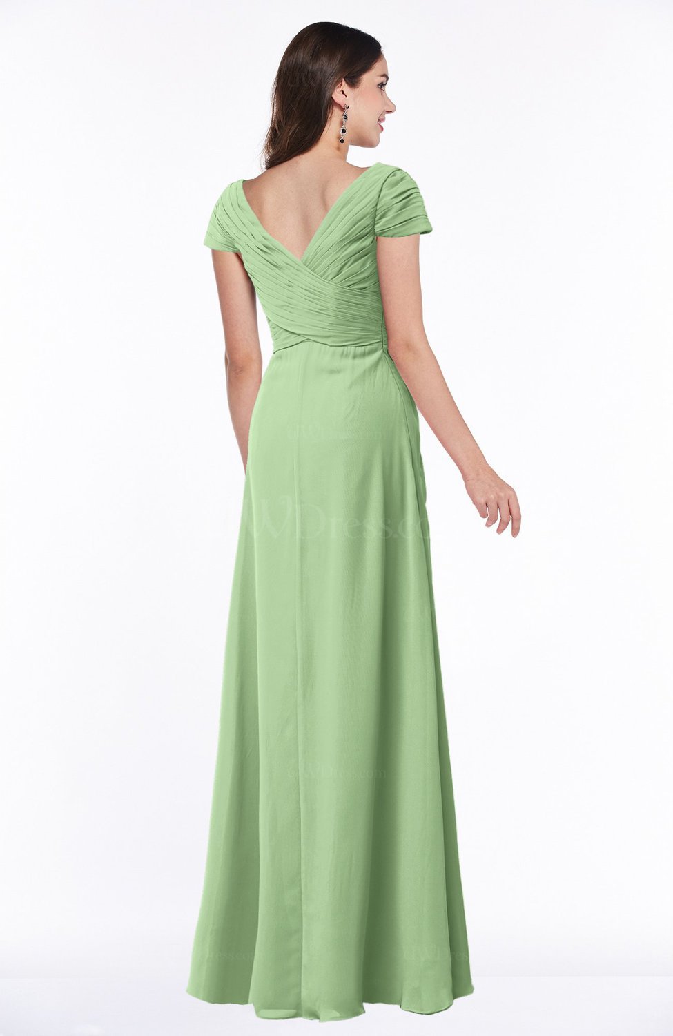 Sage Green Modest Short Sleeve Chiffon Floor Length Ruching Plus Size Bridesmaid Dresses