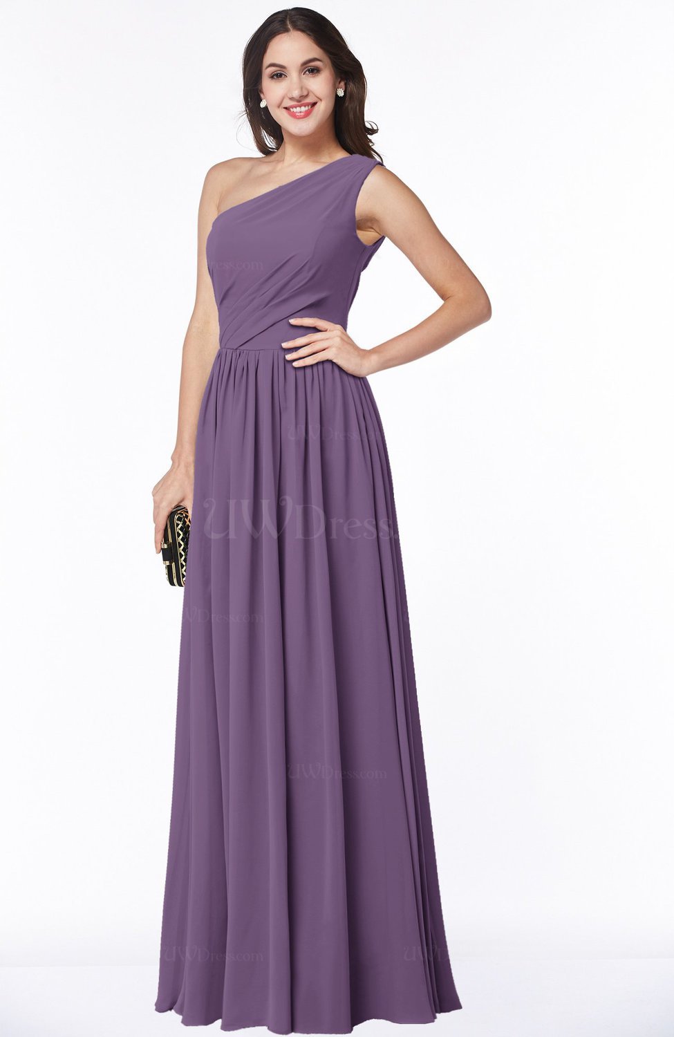 Chinese Violet Elegant Asymmetric Neckline Chiffon Floor Length Pleated ...