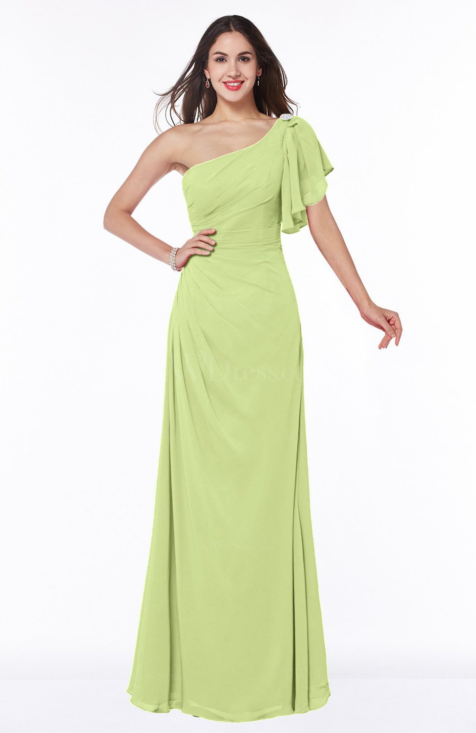 Lime Green Modern A-line Asymmetric Neckline Short Sleeve Floor Length ...