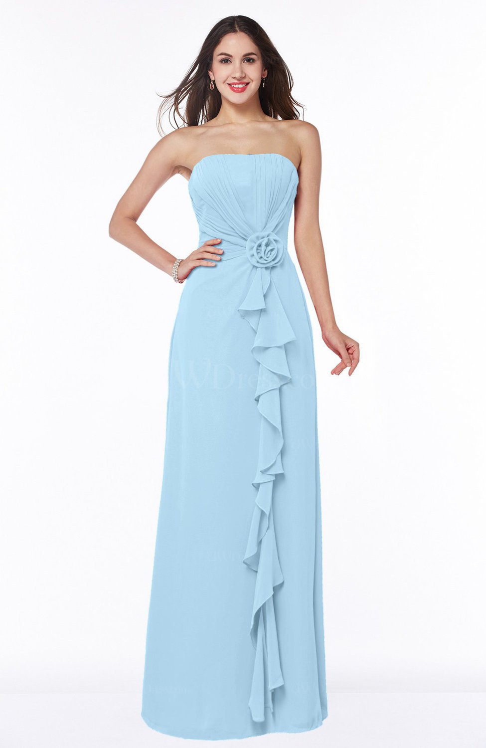 Ice Blue Mature Strapless Half Backless Chiffon Floor Length Flower ...