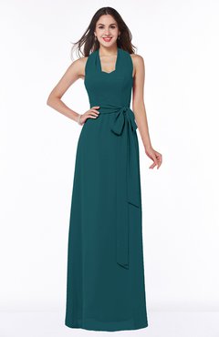 Blue Green Plain A-line Halter Sleeveless Ribbon Plus Size Bridesmaid Dresses