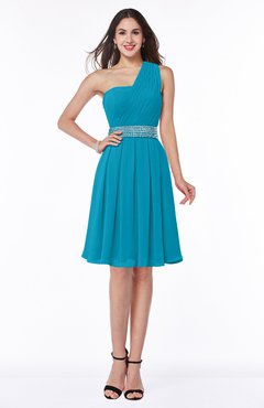 Teal Modern Sleeveless Half Backless Chiffon Knee Length Pleated Plus Size Bridesmaid Dresses