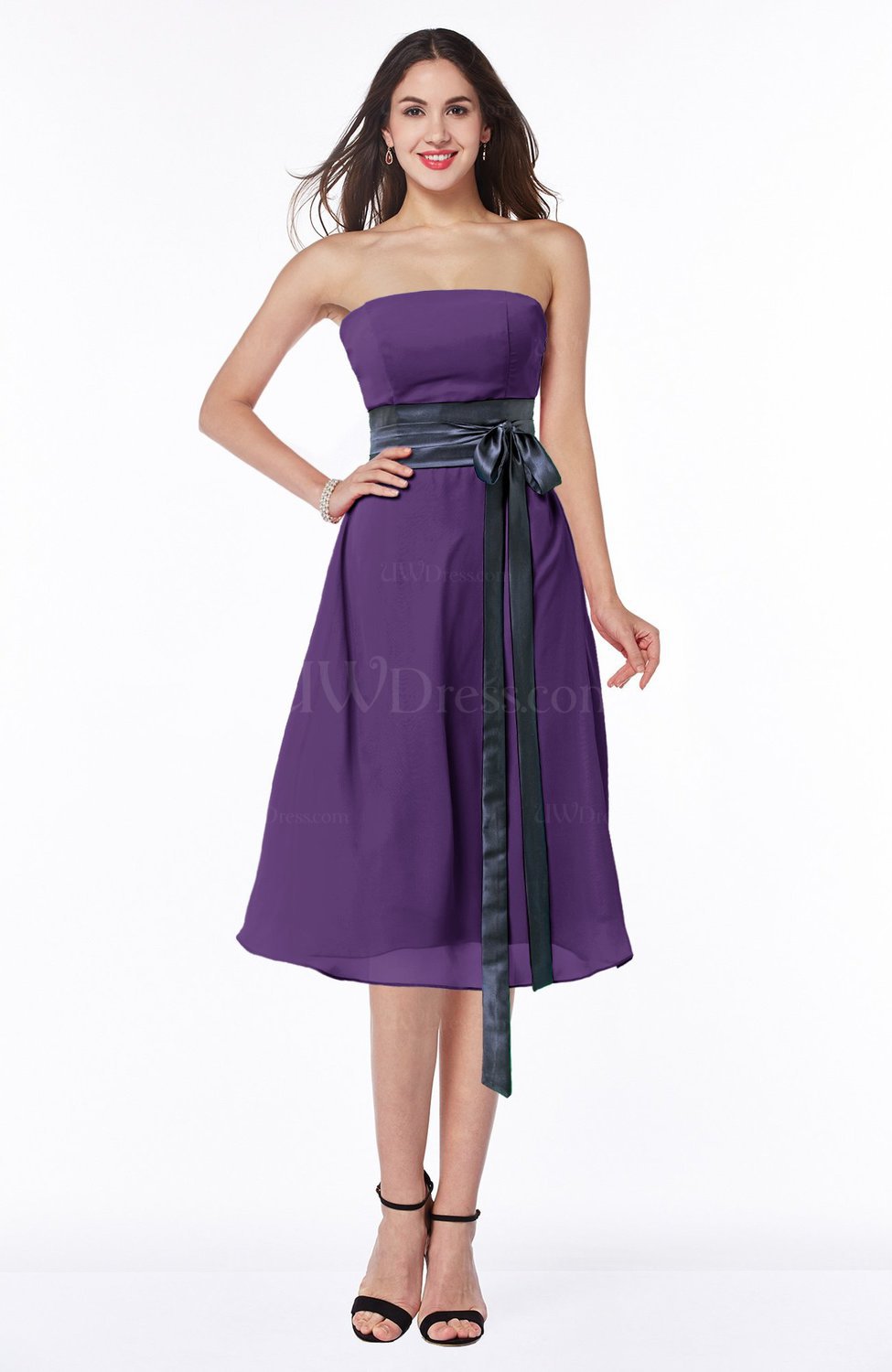 Purple Strapless Tea Length Dress