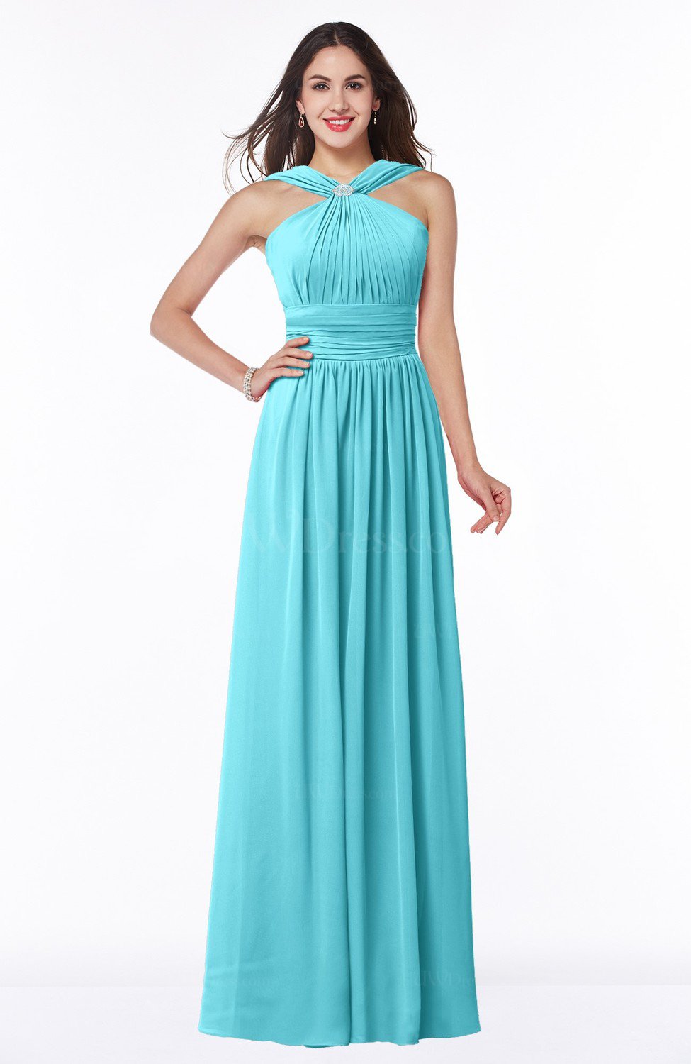 Turquoise Simple A-line Thick Straps Sleeveless Half Backless Chiffon ...