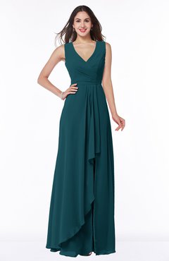 Blue Green Modest A-line V-neck Zip up Floor Length Ruching Plus Size Bridesmaid Dresses