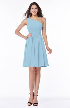 Ice Blue Elegant Asymmetric Neckline Sleeveless Half Backless Chiffon Mini Plus Size Bridesmaid Dresses