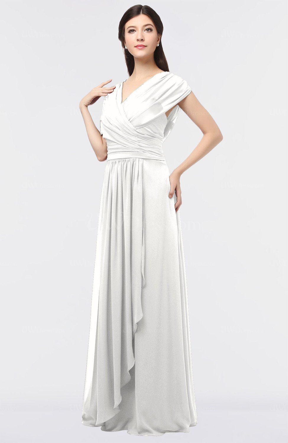 Cloud White Elegant A-line Short Sleeve Zip up Ruching Evening Dresses ...