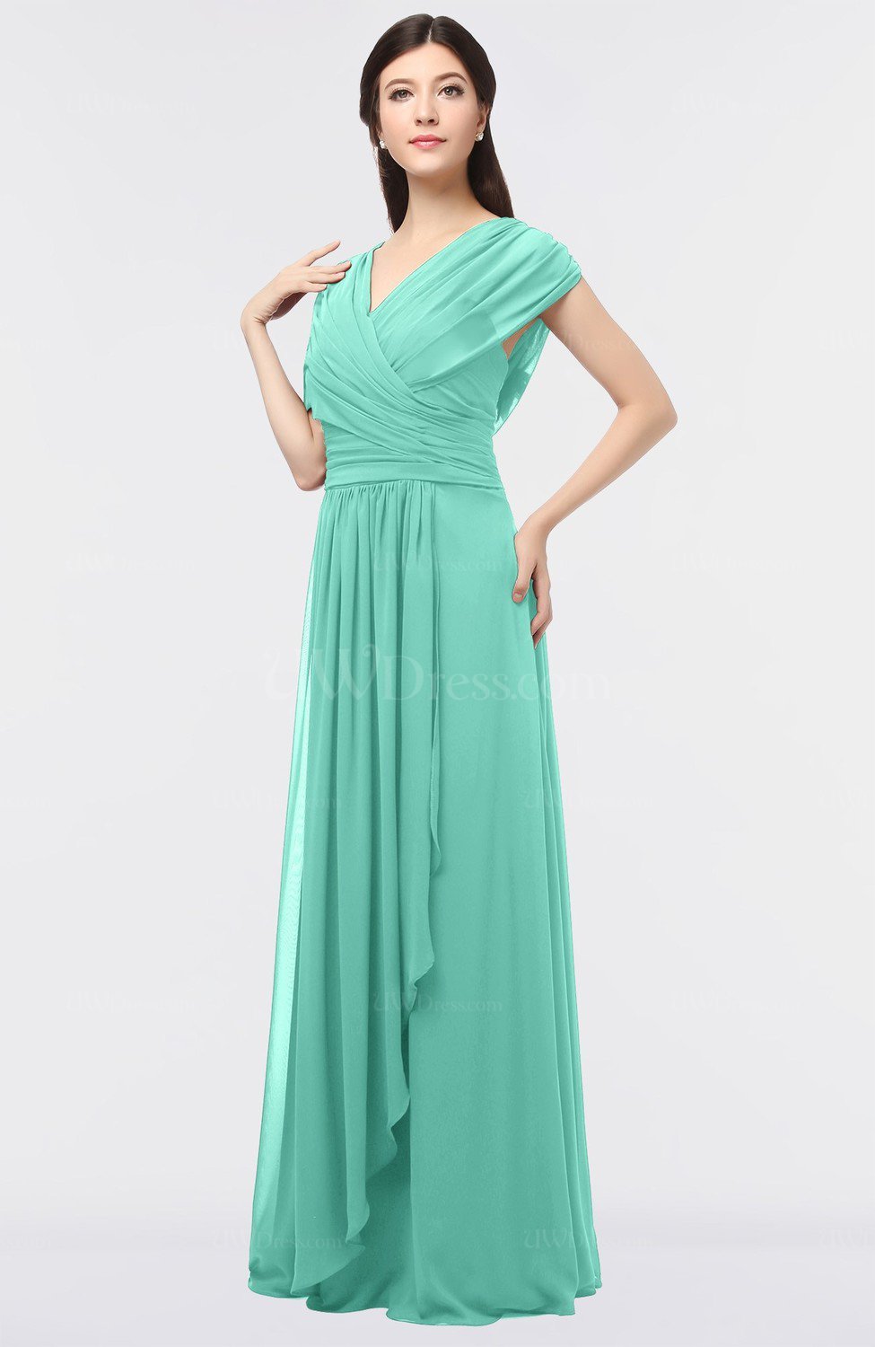Mint Green Elegant A-line Short Sleeve Zip up Ruching Evening Dresses ...