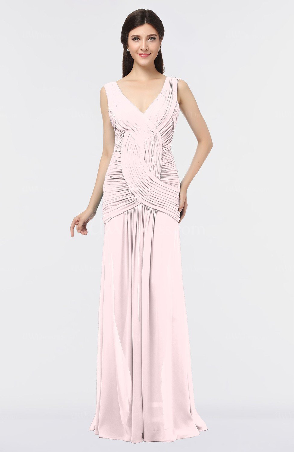 Petal Pink Glamorous V Neck Sleeveless Zip Up Floor Length Ruching Prom