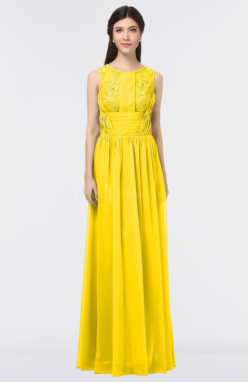 Yellow Gorgeous A-line Scoop Sleeveless Floor Length Lace Bridesmaid ...