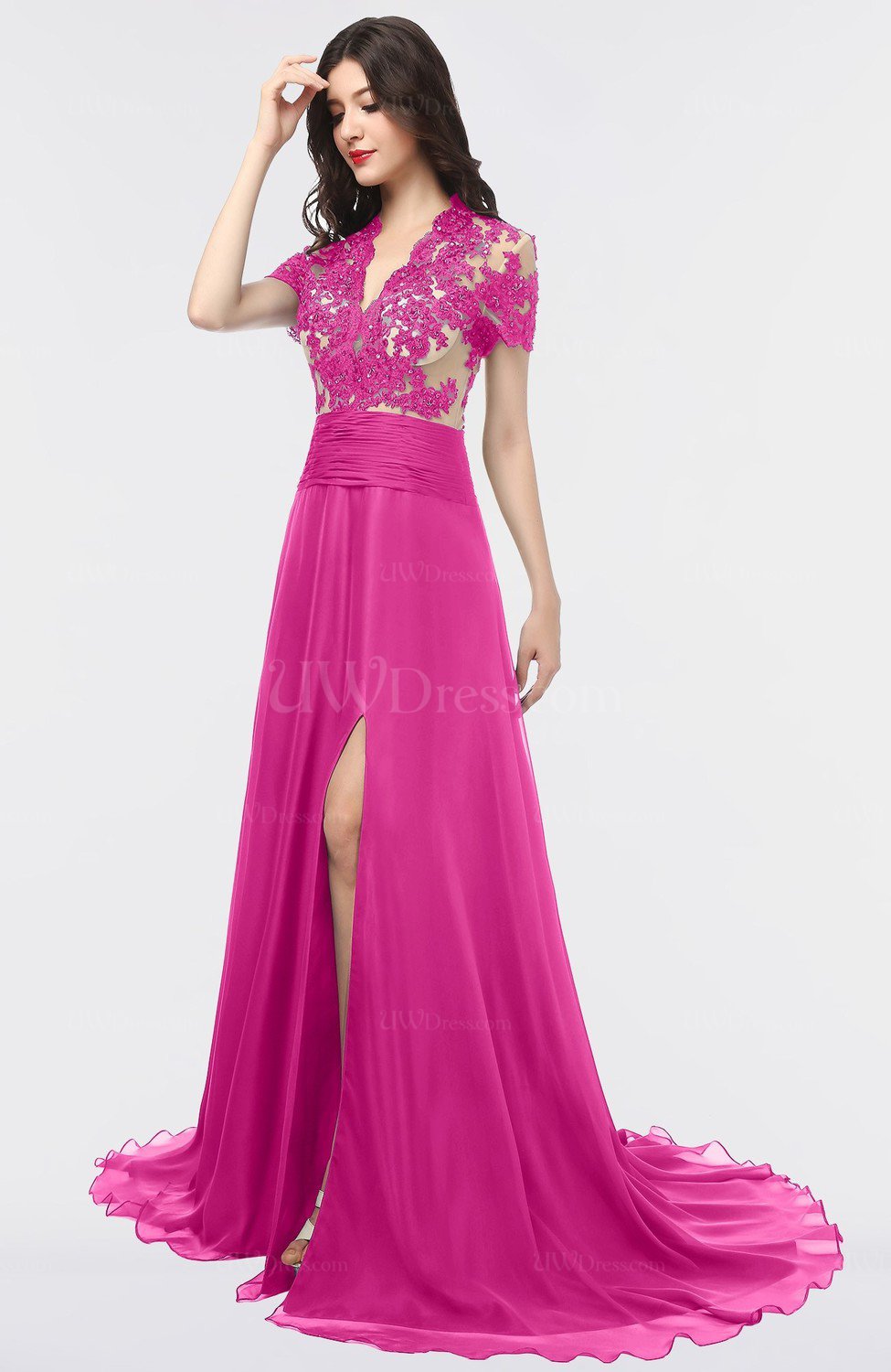 Hot Pink Elegant A-line V-neck Zip up Sweep Train Evening Dresses ...