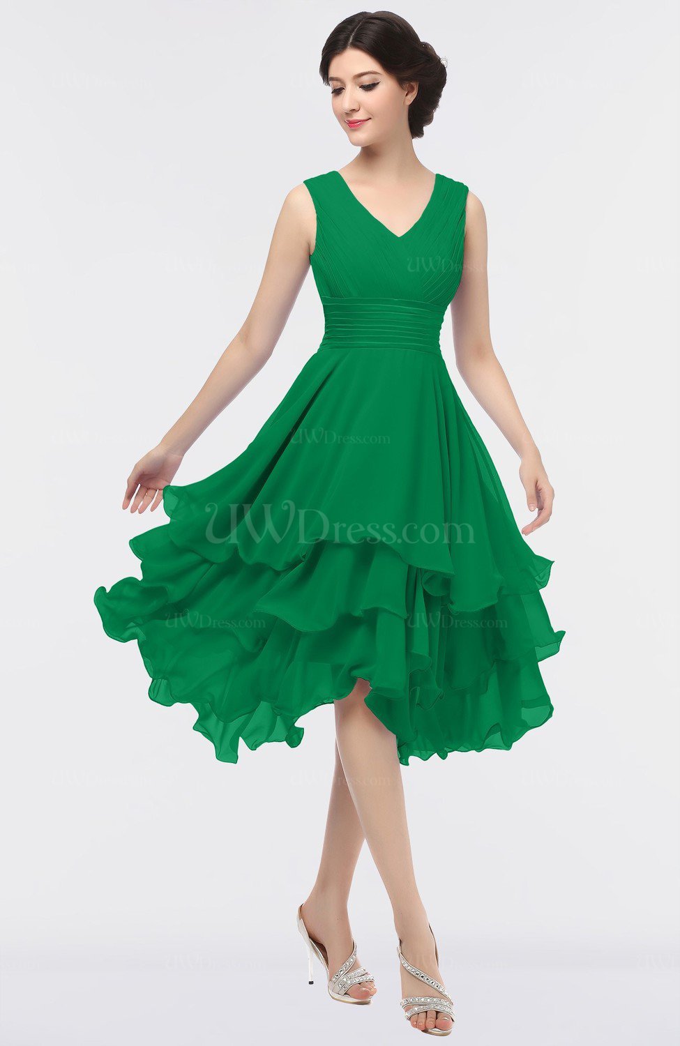 Green Elegant V-neck Zip up Knee Length Ruching Graduation Dresses ...