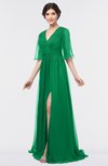 Elegant V-neck Elbow Length Sleeve Floor Length Ruching Graduation Dresses