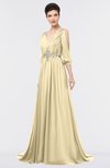 Mature A-line 3/4 Length Sleeve Zip up Sweep Train Appliques Prom Dresses