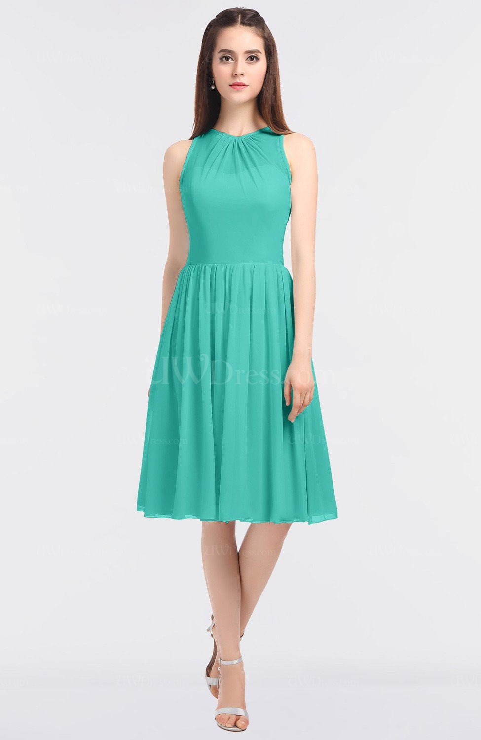 Turquoise G97 Elegant Sleeveless Zip Up Knee Length Plainness