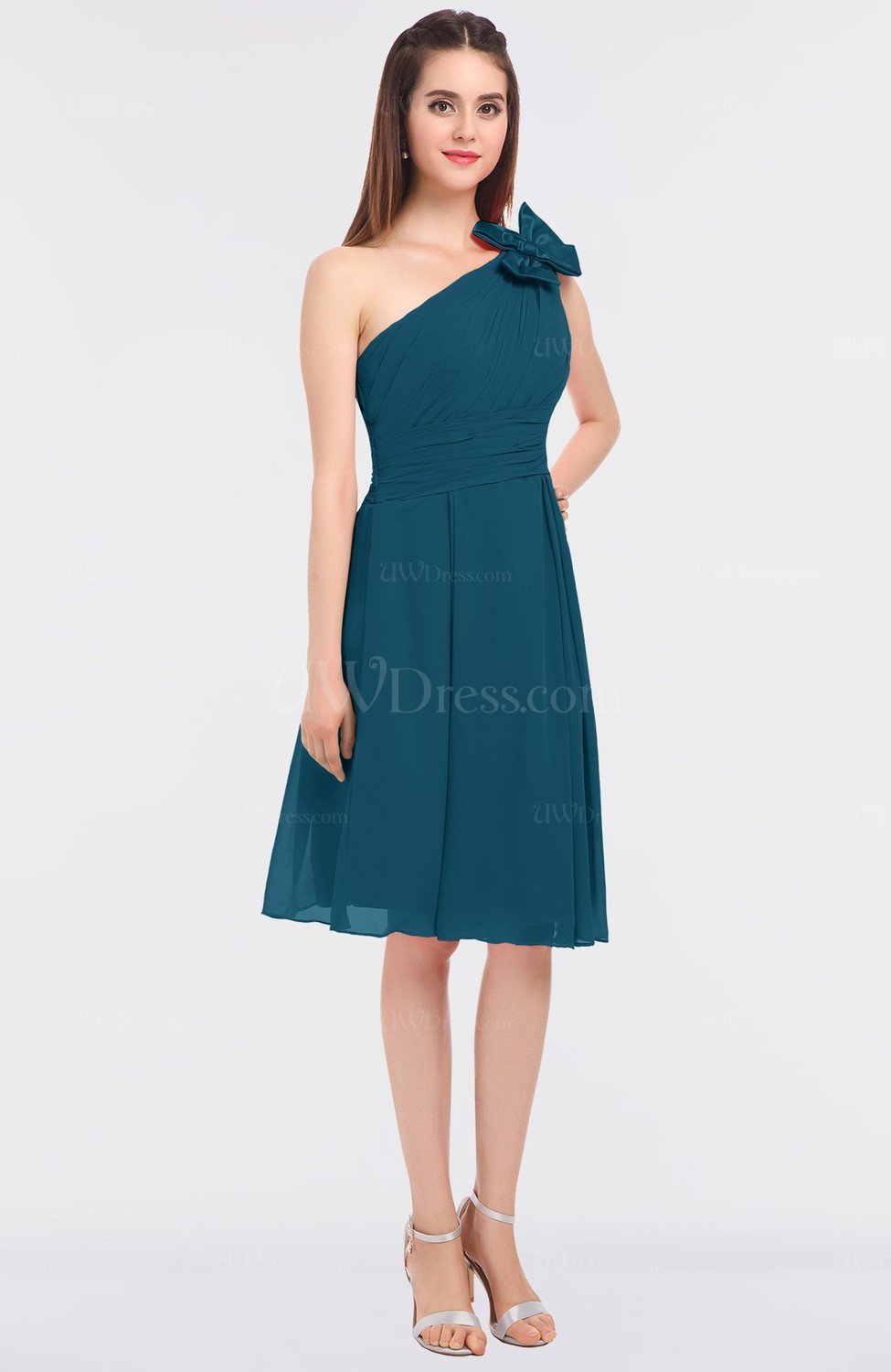 Moroccan Blue Classic Asymmetric Neckline Sleeveless Knee Length