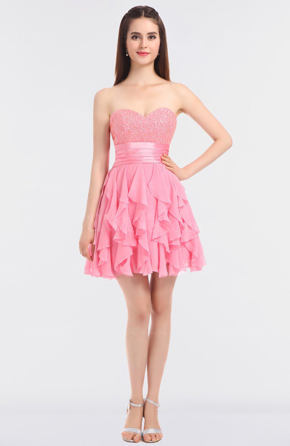 Pink Glamorous A-line Sleeveless Mini Sequin Prom Dresses - UWDress.com