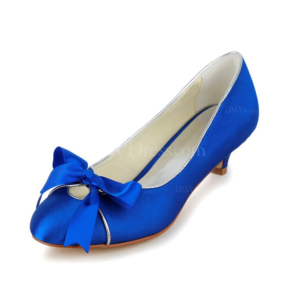 Royal Blue Low Heel Wedding Shoes Bowknot Closed Toe Honeymoon Satin ...