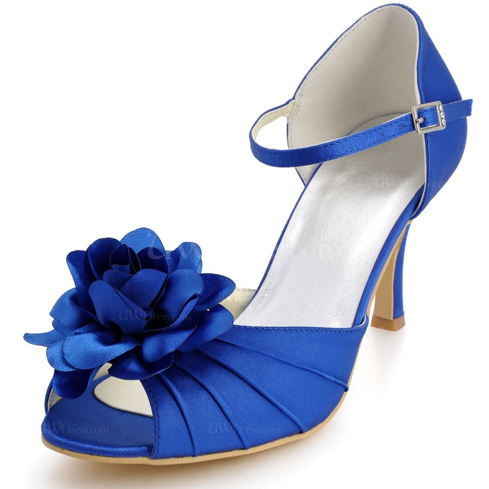 Royal Blue Women's Wedding Shoes Satin Flower Kitten Heel Dress Silk